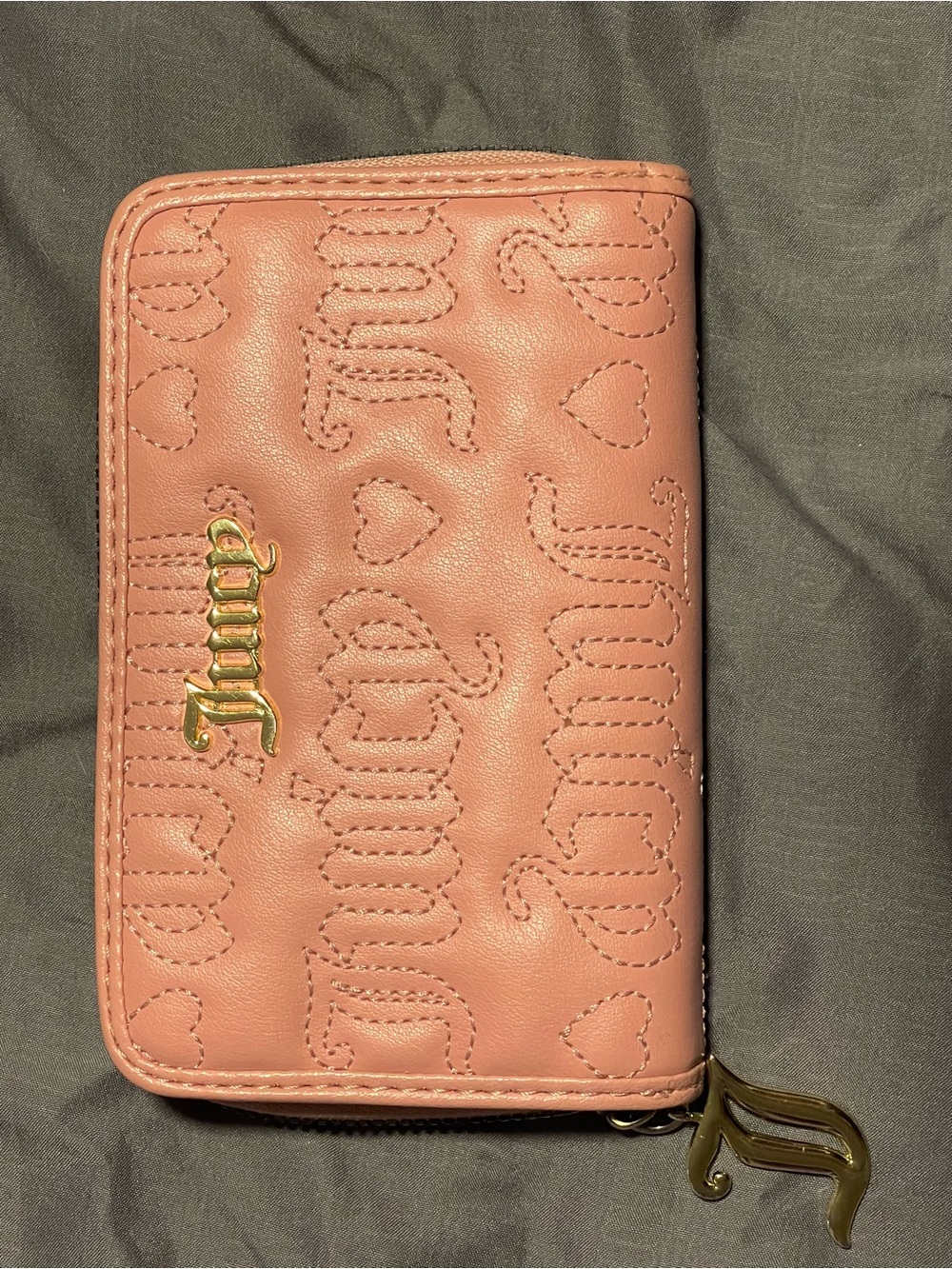 Juicy Couture Dusty Rose Quilted Heart Zip Card Wallet